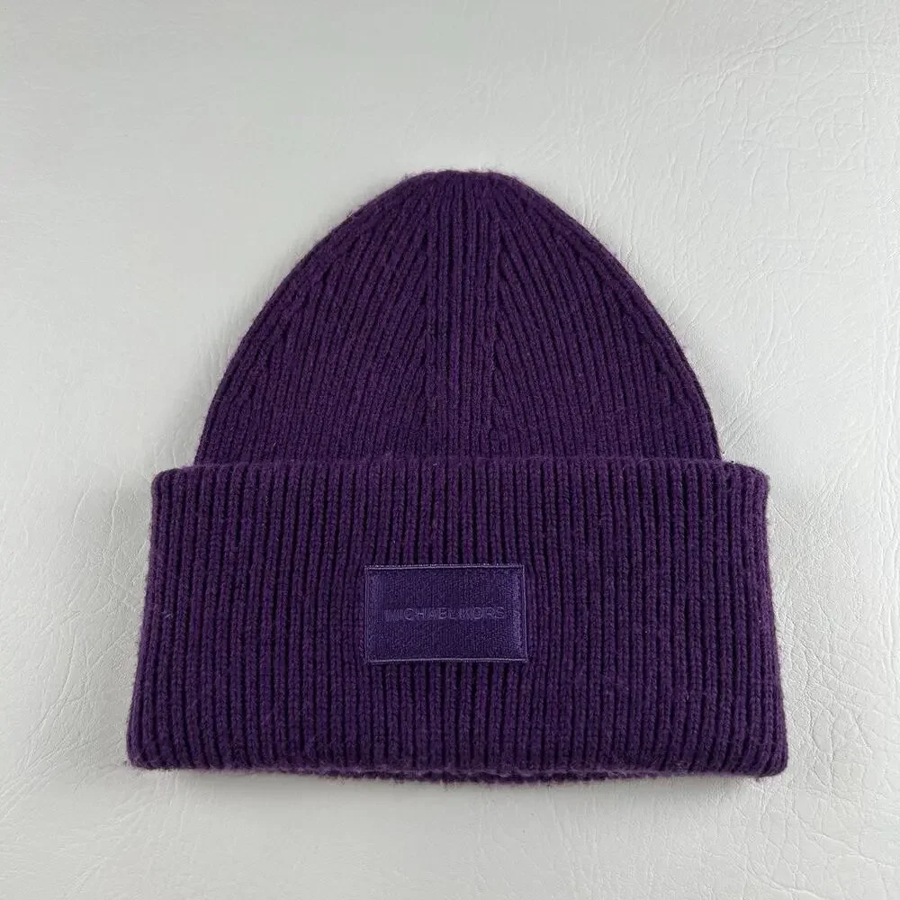 Michael Kors Purple Cuffed Beanie Women’s Wool Blend Ribbed Knit Logo Hat